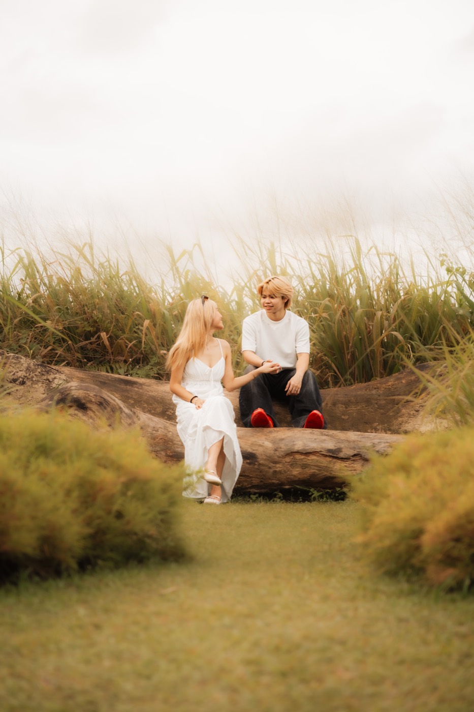 A couple sit close on a fallen log in a field, laughing at something between them.